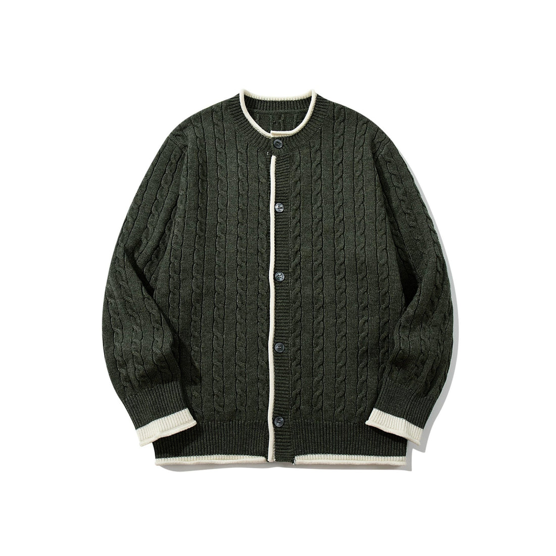 Unisex Kabelstrick-Cardigan mit Rundhals, kontrastierten Bündchen und durchgehender Knopfleiste Echoarchiv