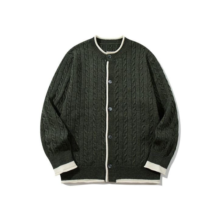 Unisex Kabelstrick-Cardigan mit Rundhals, kontrastierten Bündchen und durchgehender Knopfleiste Echoarchiv