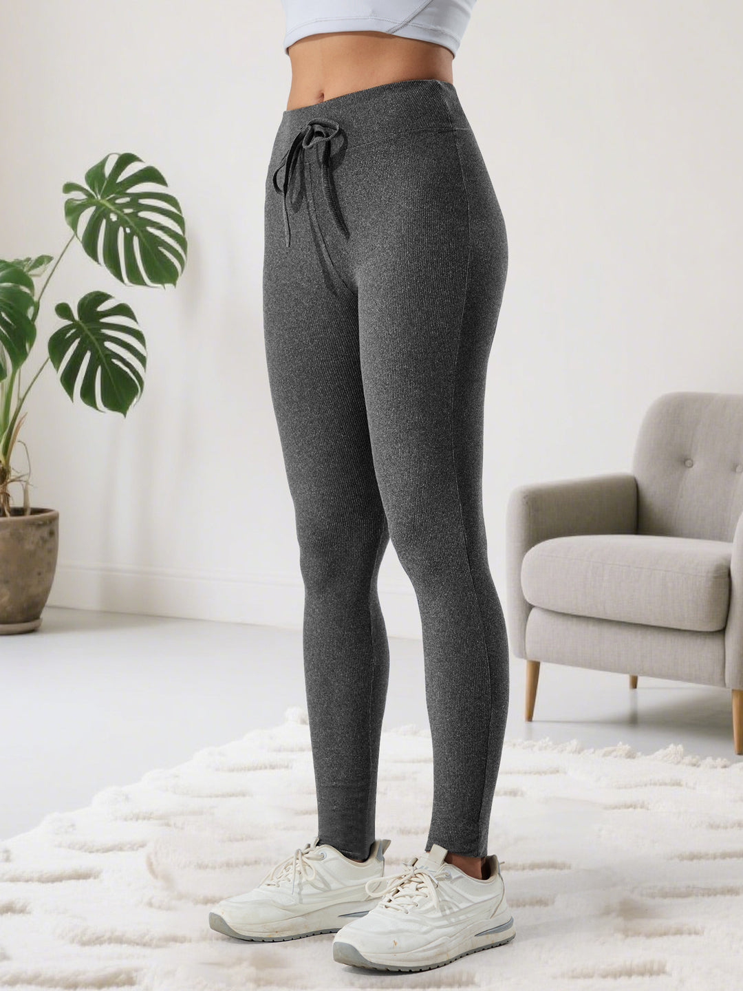 Damen Gerippte High-Waist Lounge-Leggings mit Kordelzug und figurformendem Bund echoarchiv-