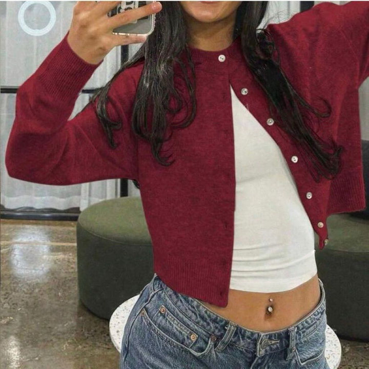 Damen Kurzgeschnittener Knopf-Cardigan im Cropped-Stil mit Rundhalsausschnitt – Veloura