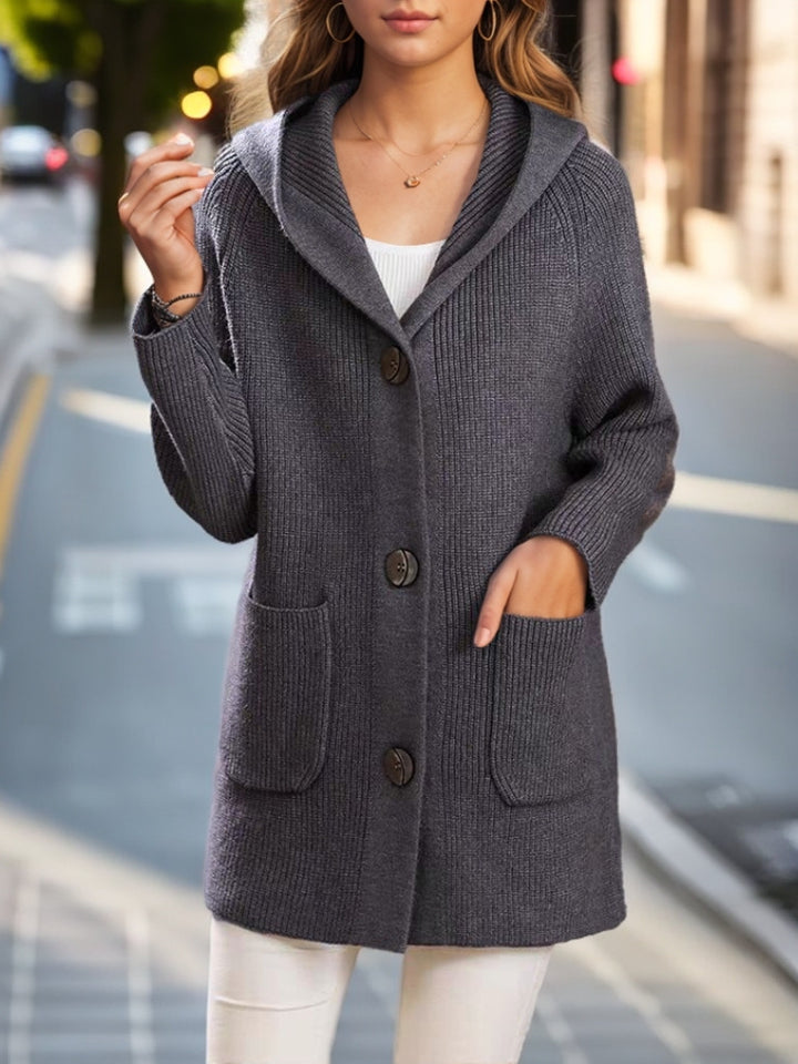 Damen nan lange gerippte Kapuzen-Strickjacke mit aufgesetzten Taschen und markanten Knöpfen Echo Archiv
