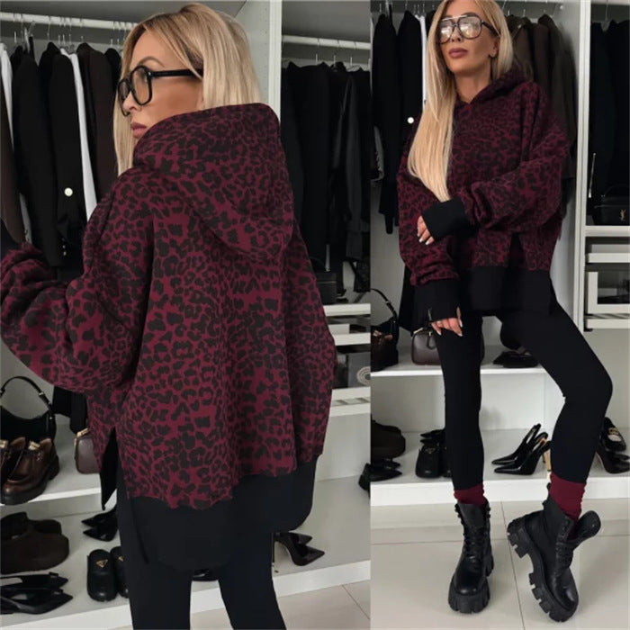 Damen nan oversized Kapuzenpullover mit Leopardenprint, kontrastbündchen und verlängertem Rückensaum Echo Archiv