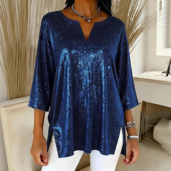 Damen Glitzerndes Oversize-Longshirt mit V-Ausschnitt und seitlichen Schlitzen Echoarchiv