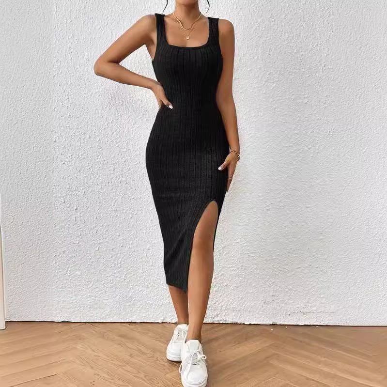 Damen figurbetontes Maxikleid mit hohem Schlitz und dekorativem Rippenmuster Echo Archiv