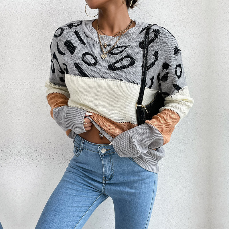 Damen Strickpullover mit Leopardenmuster und Blockstreifen Echoarchiv