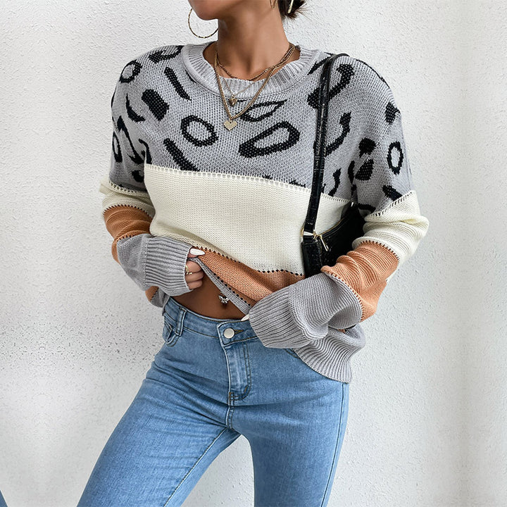 Damen Strickpullover mit Leopardenmuster und Blockstreifen Echoarchiv