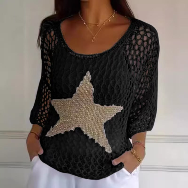 Damen nan oversized gehäkelter Pullover mit Sternapplikation und 3/4-Ärmeln Echo Archiv