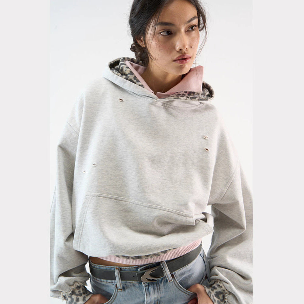 Damen Kurzer Oversize-Kapuzenpullover mit Destroy-Details und Leo-Futter Echo Archiv