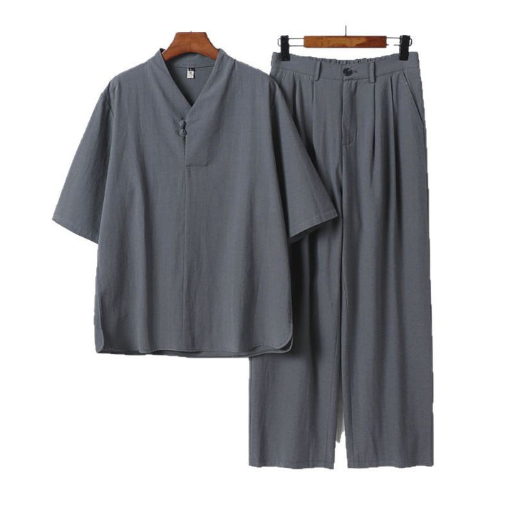 Herren Zweiteiliges Leichtes Kimono-Loungewear-Set mit Stehkragen Knotenverschluss Kurzarm und weiter Bundhose Echoarchiv