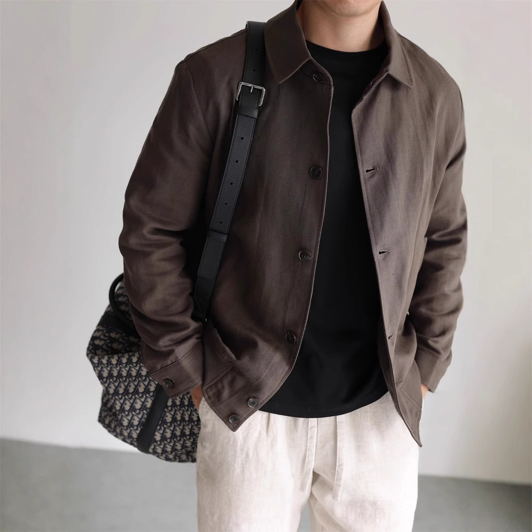 Herren Leichte Leinenjacke mit Hemdkragen und durchgehender Knopfleiste Echoarchiv