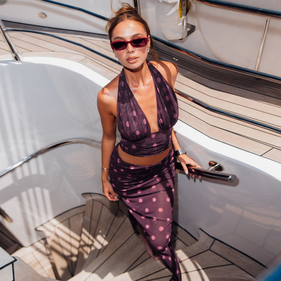 Damen Elegantes Maxikleid im Polka-Dots Design mit tiefem V-Ausschnitt und taillierter Silhouette Echo Archiv