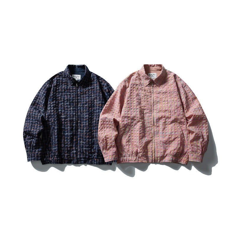Herren Karierte Harrington‑Jacke mit Reißverschluss, Hemdkragen und elastischem Saum Echoarchiv