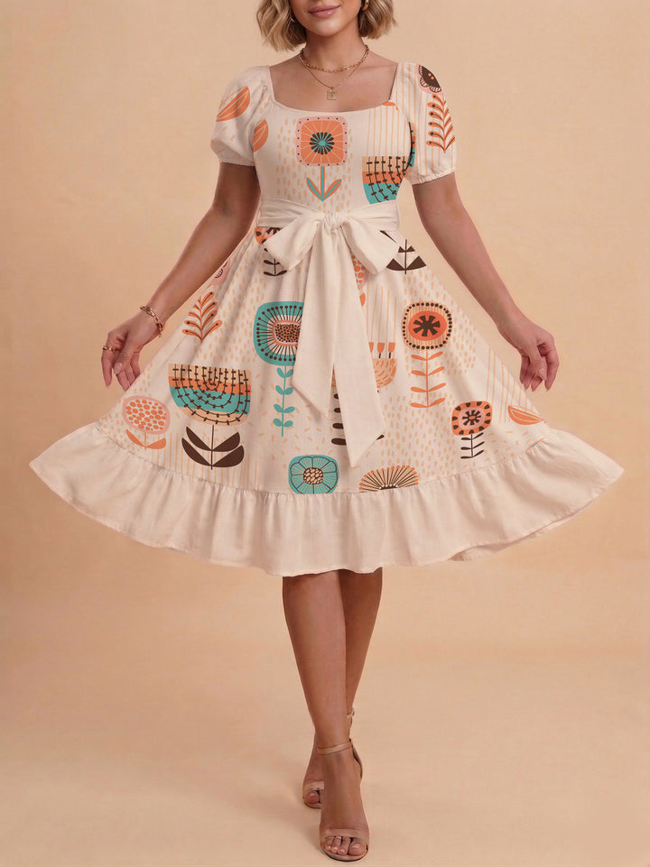 Damen Sommerkleid mit floralem Puffärmel und taillierbarem Gürtel Echo Archiv