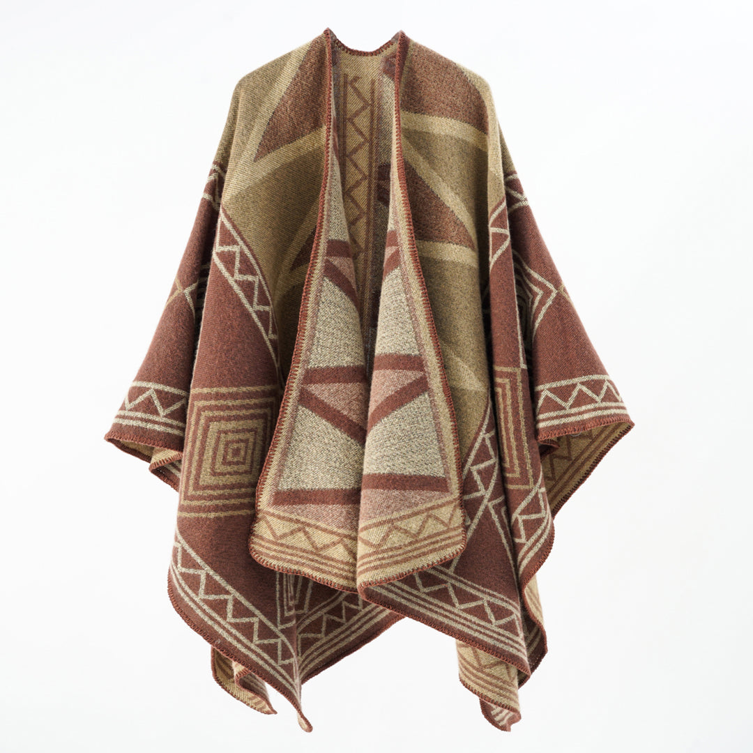 Damen Geometrischer Wollmix-Überwurfponcho mit Kettelkante Echo Archiv