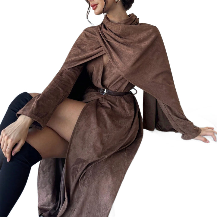 Damen Mantel mit Cape-Overlay und Wickelkragen aus Velourslederoptik Echoarchiv