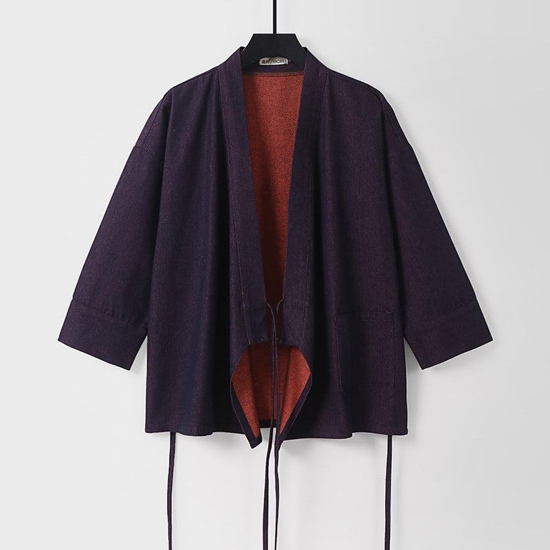 Damen Leichte zweifarbige Kimono-Jacke mit Bindebändern und kontrastiertem Innenfutter Echoarchiv