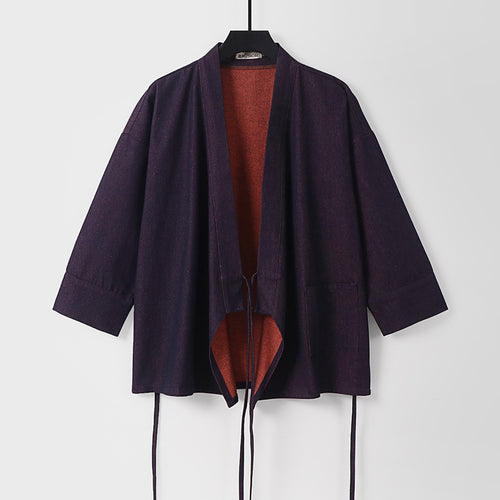 Damen Leichte zweifarbige Kimono-Jacke mit Bindebändern und kontrastiertem Innenfutter Echoarchiv