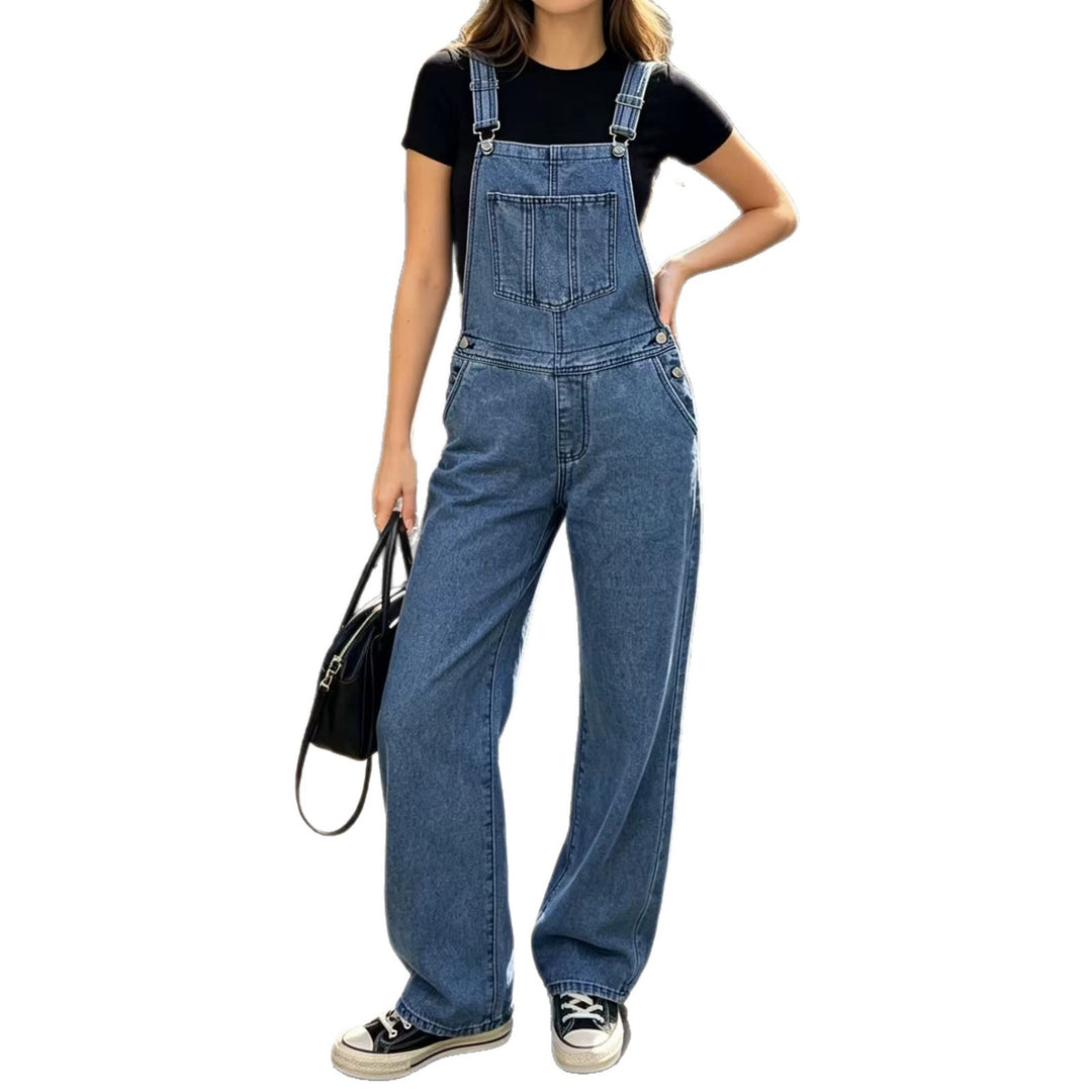 Damen nan weite Denim-Latzhose mit hoher Taille, verstellbaren Trägern und lässigem Schlag Echo Archiv
