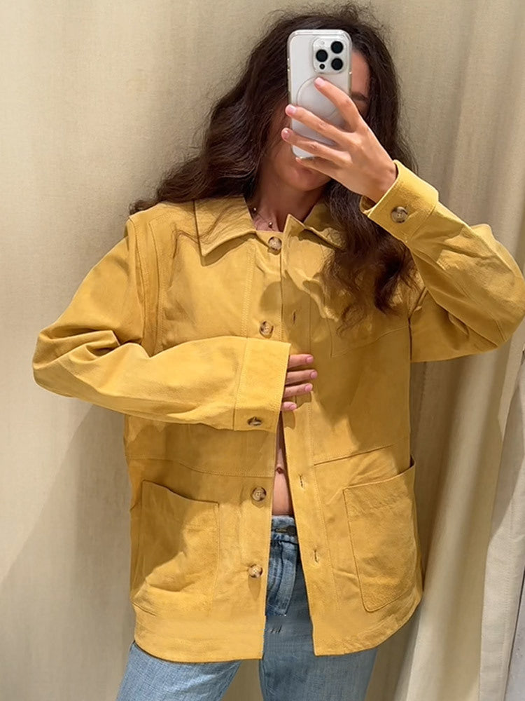Damen Oversize Baumwoll-Worker-Jacke mit aufgesetzten Taschen Echoarchiv