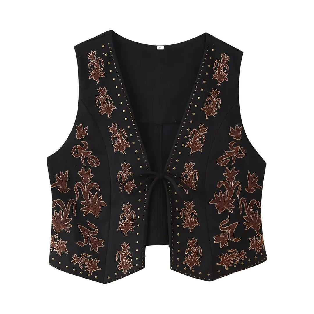 Damen bestickte taillierte Weste mit floraler Stickerei, Metallnieten und Bindeband – Célinea