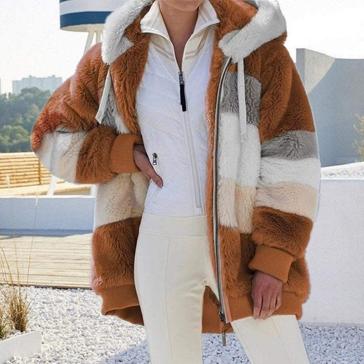 Damen nan Oversize Teddyfell-Kapuzenjacke mit Farbblock-Streifen, hochwertigem Reißverschluss und gerippten Bündchen Echo Archiv