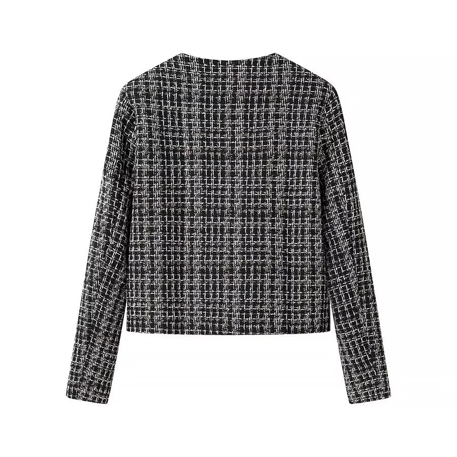 Damen kurz geschnittene Bouclé-Jacke im Boxy-Schnitt mit Goldknopf-Detail und Pattentaschen – Célinea