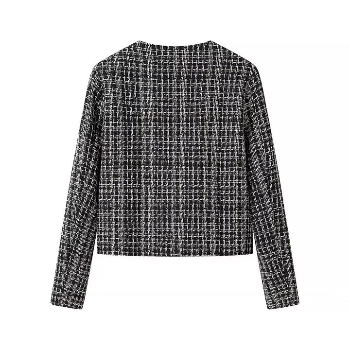 Damen kurz geschnittene Bouclé-Jacke im Boxy-Schnitt mit Goldknopf-Detail und Pattentaschen – Célinea