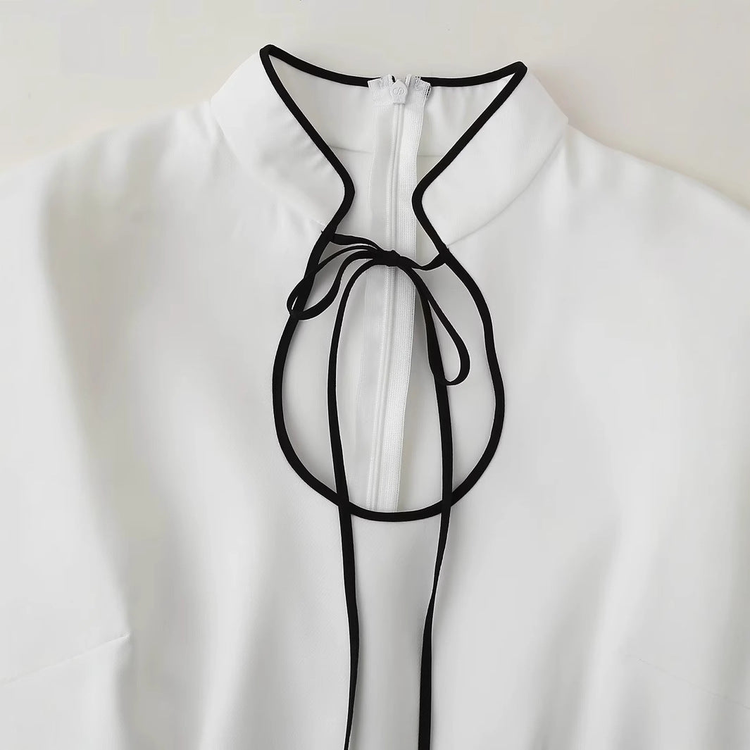 Damen tailliertes A-Linienkleid mit Stehkragen, Schleifendetail und kontrastpaspel – Élara