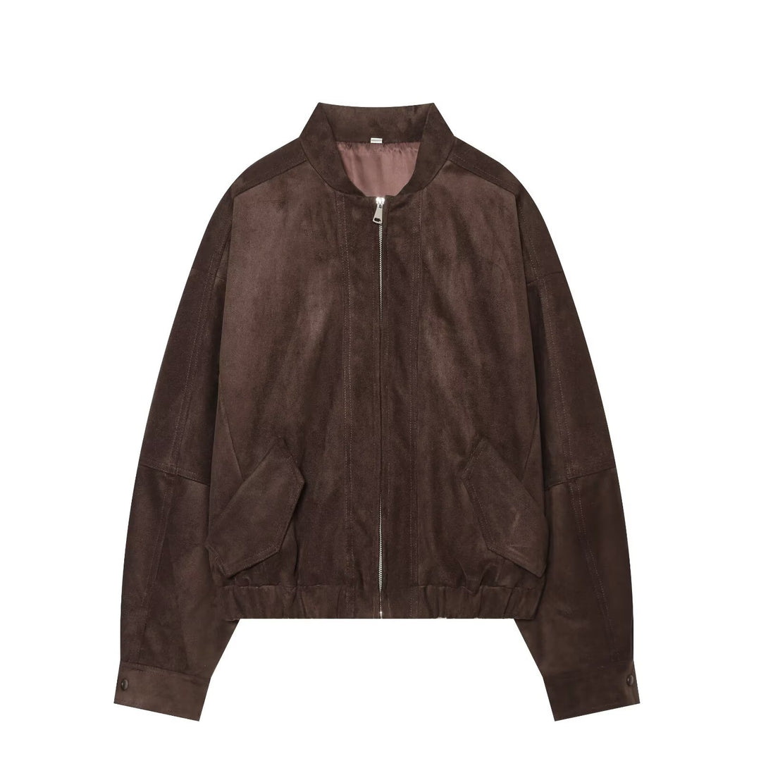 Damen Kurzer Wildlederoptik-Bomber mit Reißverschluss und aufgesetzten Taschen Echoarchiv