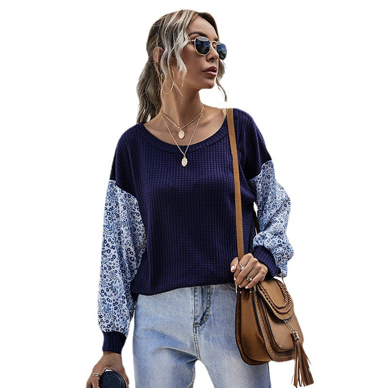 Damen Leichter Waffelstrick-Pullover mit floral gemusterten Balloonärmeln Echoarchiv