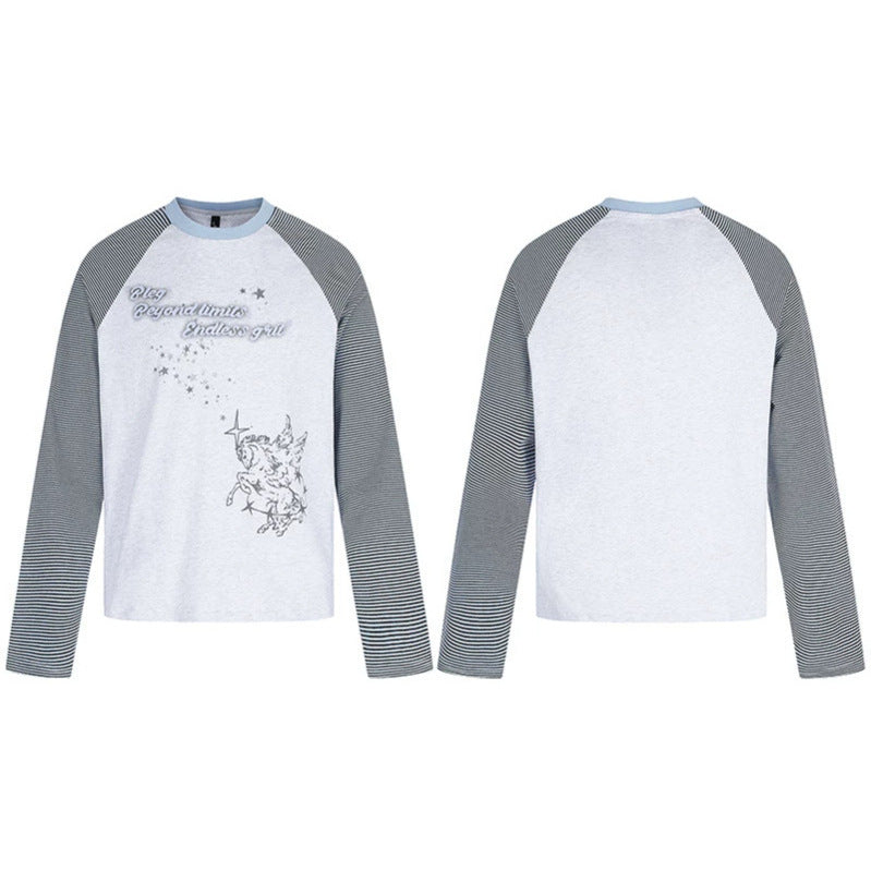 Damen Raglan-Langarmshirt im Astral-Motiv mit feinen Streifenärmeln und Relief-Print Echoarchiv