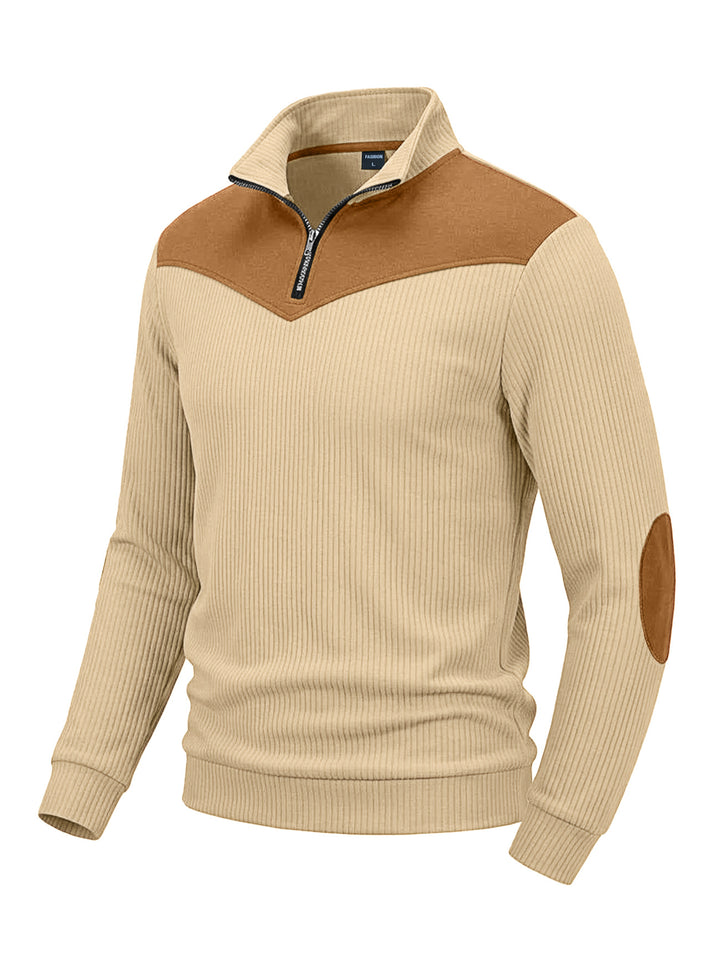 Herren Strickpullover mit Troyerkragen, Rippenstruktur und Ellbogen-Patches – Norvane