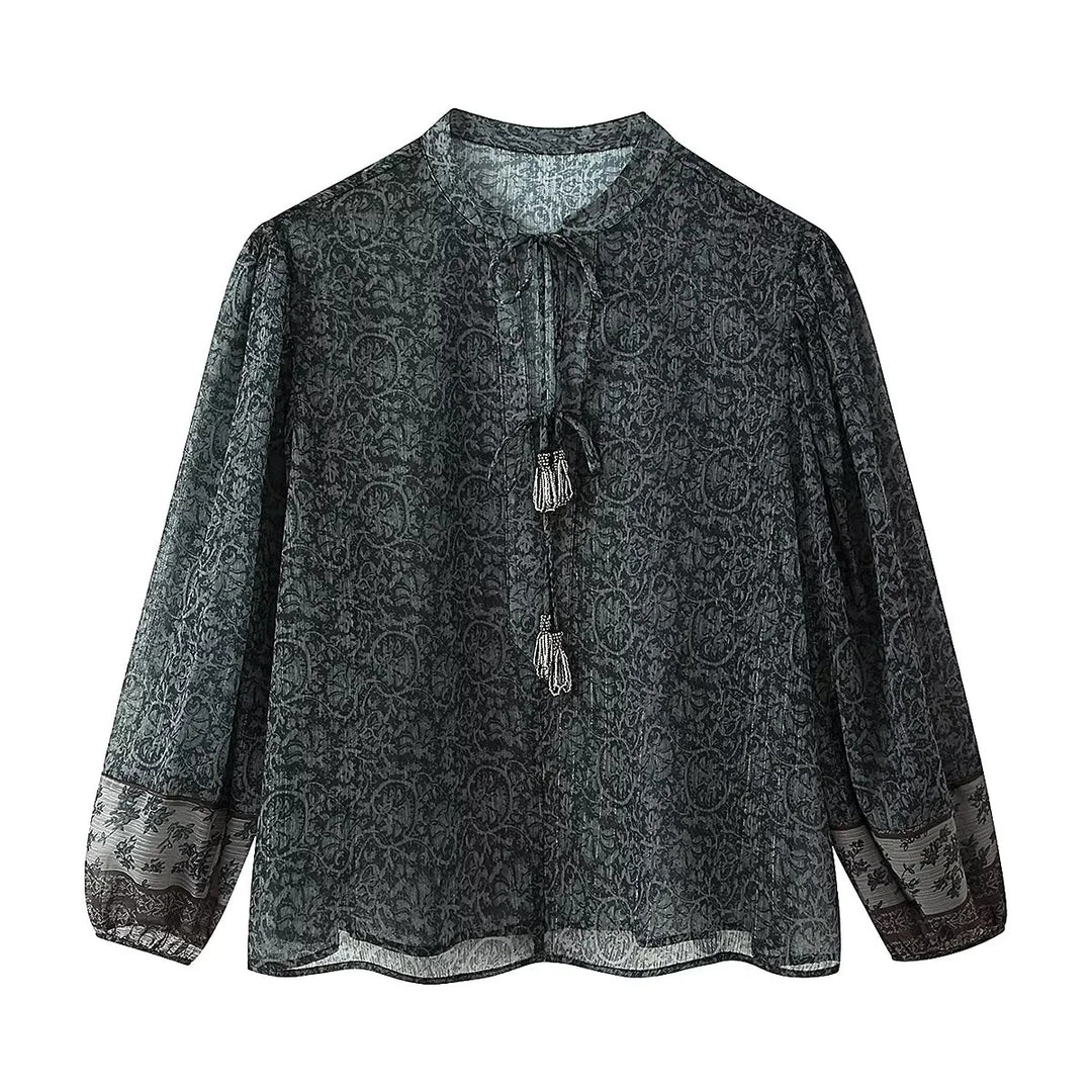 Damen Chiffonbluse mit Paisley‑Print, Quasten‑Bindeband und voluminösen Ballonärmeln – Élovi