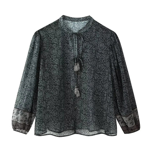 Damen Chiffonbluse mit Paisley‑Print, Quasten‑Bindeband und voluminösen Ballonärmeln – Élovi