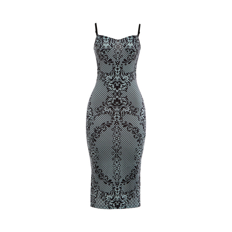 Damen Figurbetontes Kleid mit elegantem Muster und feinen Trägern Echo Archiv
