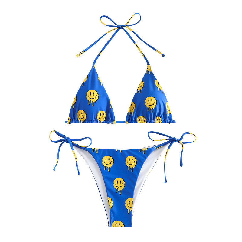 Damen Triangel-Bikini mit fröhlichem Smiley-Muster und verstellbaren Bindebändern Echo Archiv