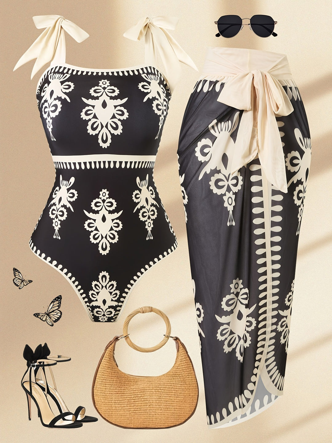 Damen eleganter Badeanzug mit verstellbaren Trägern und modischem Wickelrock Echo Archiv