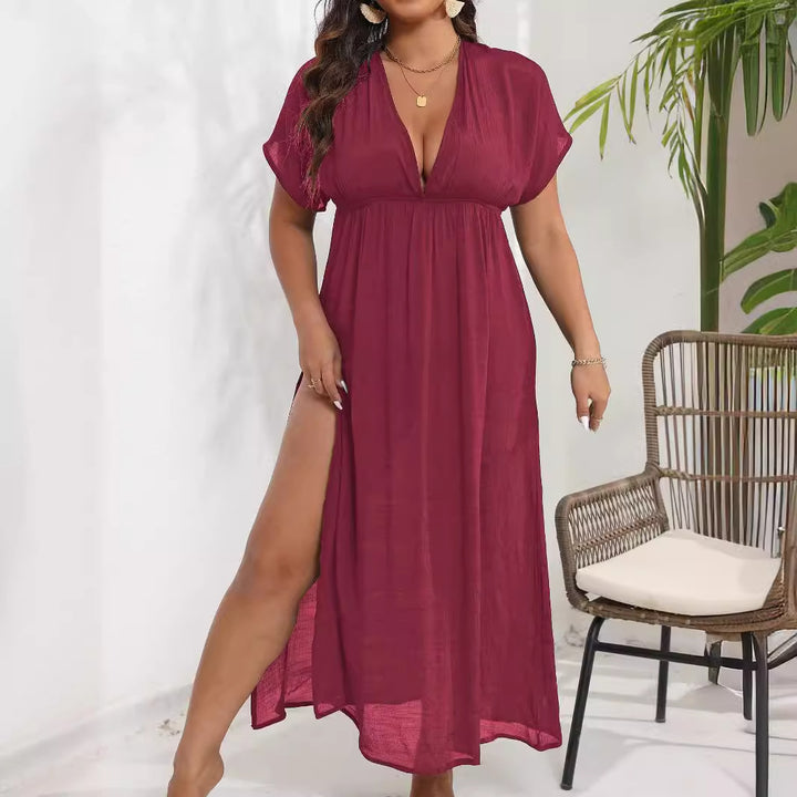 Damen luftiges Maxikleid mit tiefem V-Ausschnitt und seitlichen Schlitzen Echo Archiv
