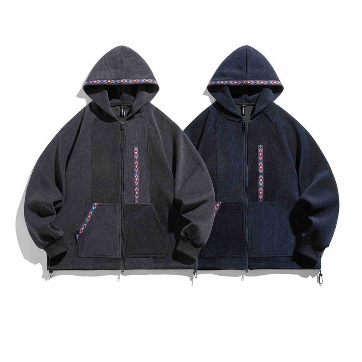 Unisex Oversize Kapuzen-Zipjacke aus geripptem French‑Terry mit Zierband Echoarchiv
