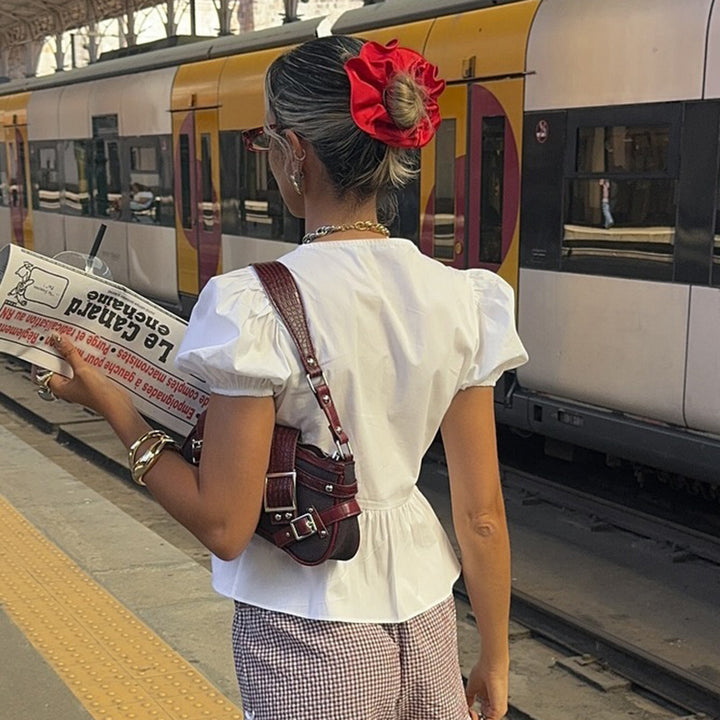Damen Wickeloberteil mit Puffärmeln und femininem Peplum-Saum Echo Archiv