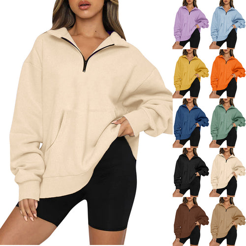 Damen nan Oversize-Halbzip-Kapuzenpullover mit Kängurutasche und verlängertem Saum Echo Archiv