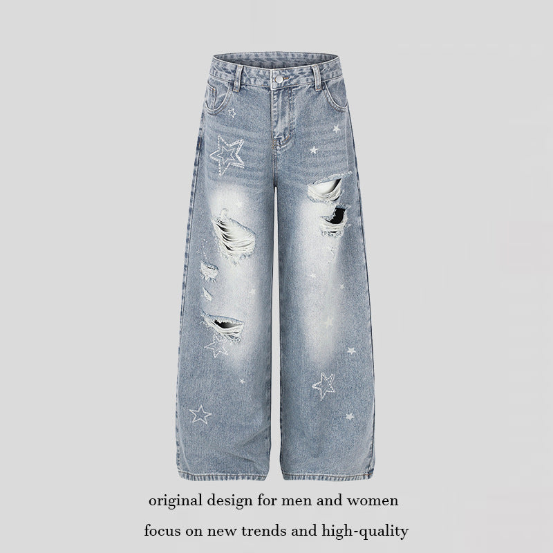 Damen Weite Distressed Palazzo-Jeans mit Stern-Stickerei Echoarchiv