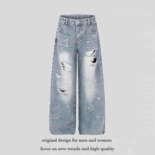 Damen Weite Distressed Palazzo-Jeans mit Stern-Stickerei Echoarchiv