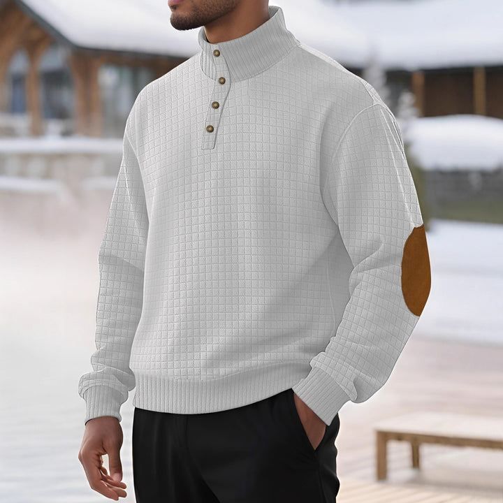 Herren modischer Stehkragenpullover mit strukturiertem Design und Lederapplikationen Echoarchiv