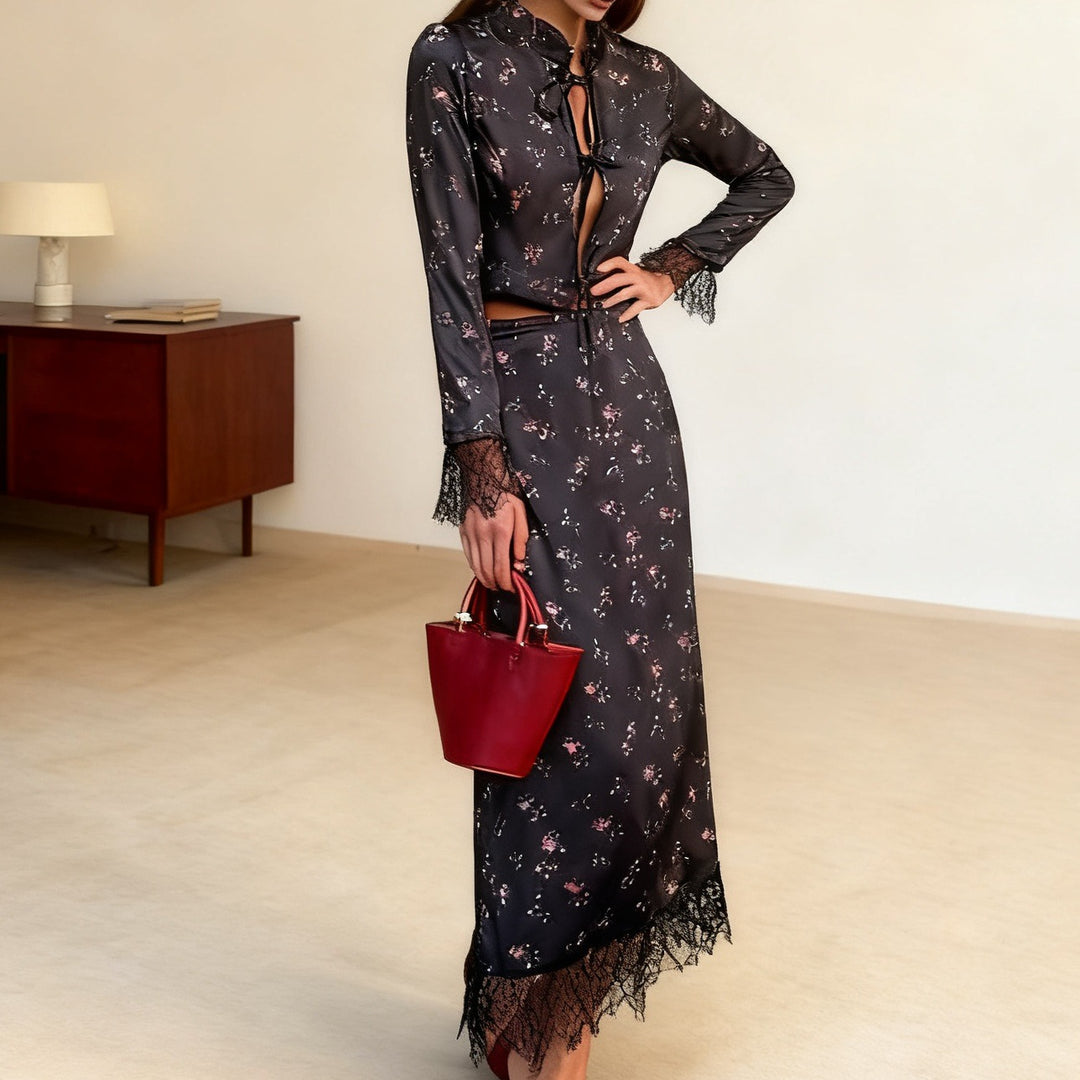 Damen Elegantes Maxikleid mit Spitzenbesatz und floralem Design Echo Archiv