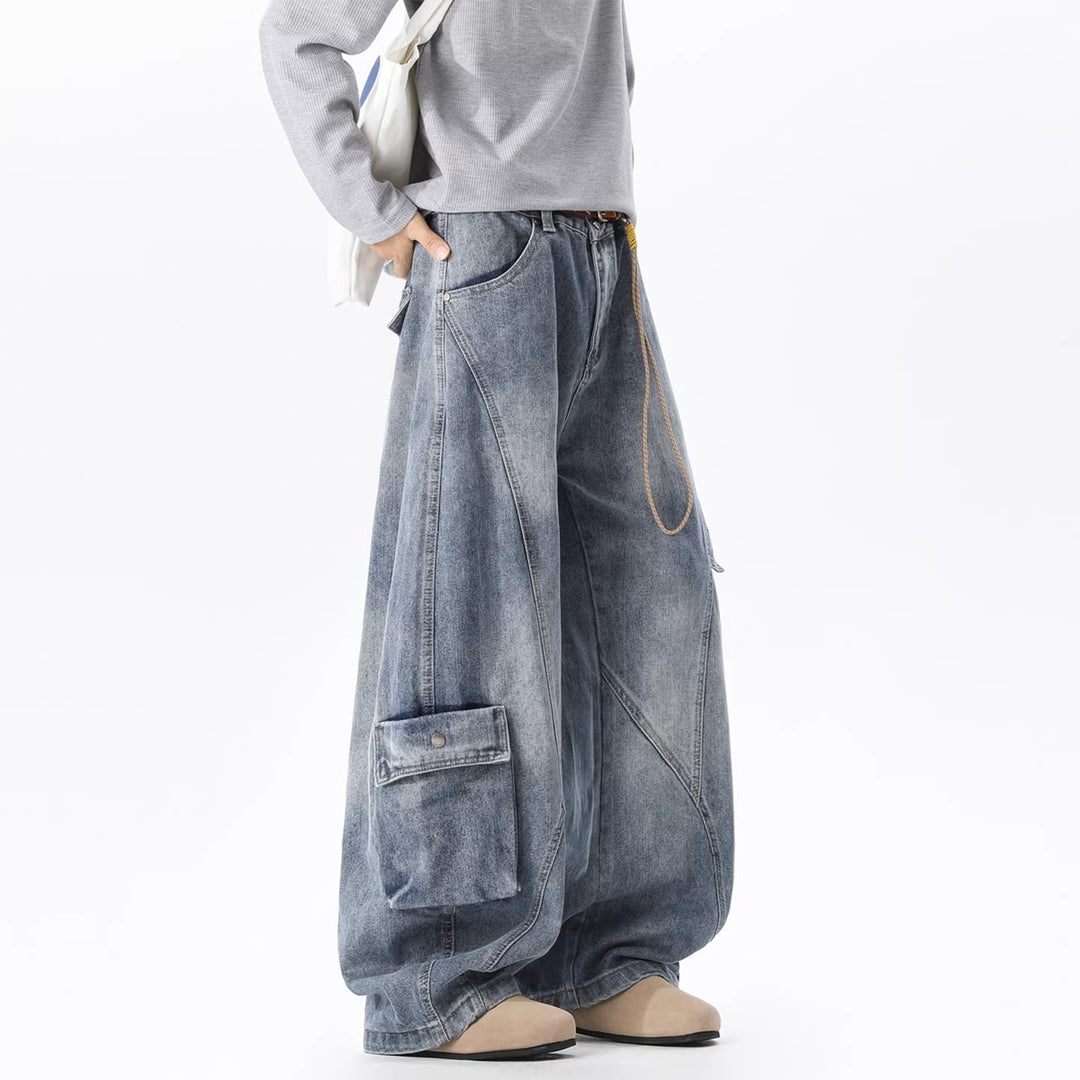 Damen Baggy-Cargo-Jeans aus gewaschenem Denim mit hoher Taille und Panelnähten Echoarchiv