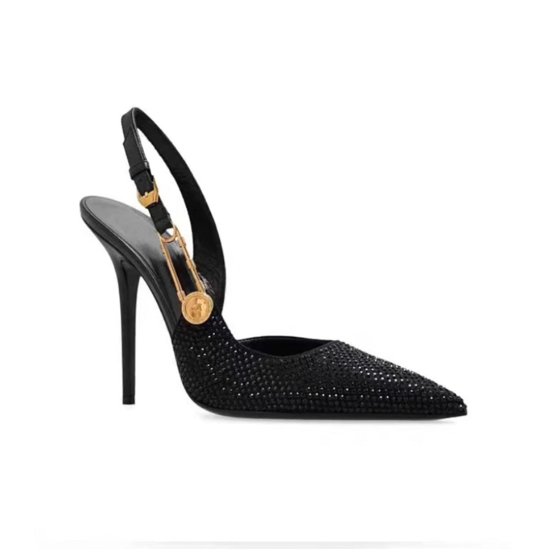 Damen Slingback‑Pumps mit spitzer Zehenform, sculpted Metall‑Ferse und Schmuckdetail – Lioré