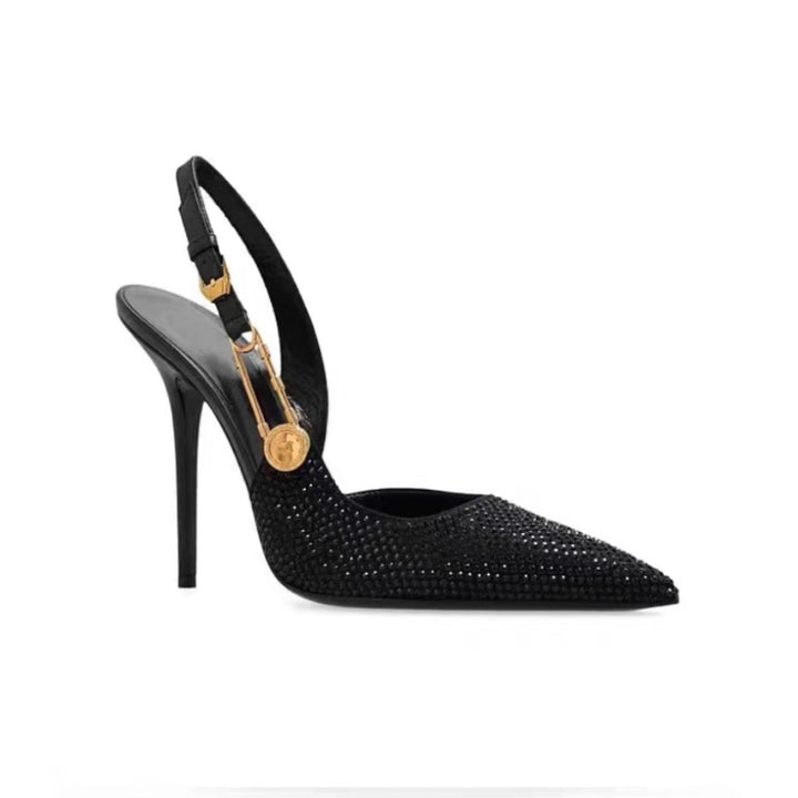 Damen Slingback‑Pumps mit spitzer Zehenform, sculpted Metall‑Ferse und Schmuckdetail – Lioré