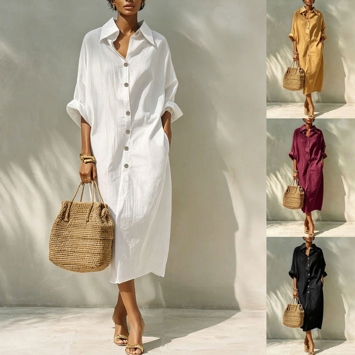 Damen Langes Oversize-Hemdblusenkleid mit Kentkragen und durchgehender Knopfleiste – Valéora