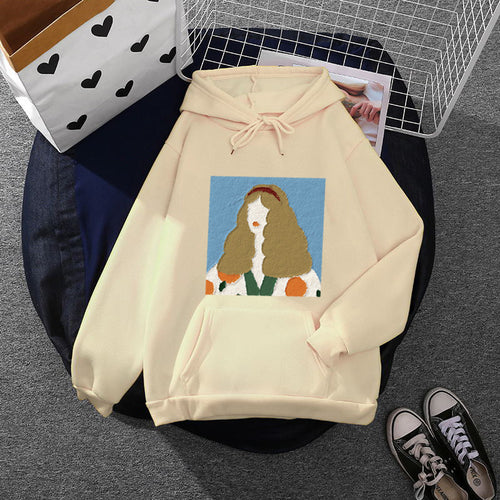 Damen Kapuzenpullover mit kunstvoller Chenille-Stickerei im Portraitstil und Kängurutasche – Auréline
